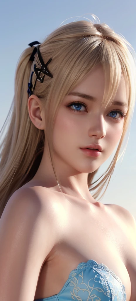 Marie rose, Blonde hair, ((Masterpiece, Detailed face, Detailed eyes, detailed anatomy, Oily skin, Fine skin, White skin)), (Masterpiece, Best quality, High quality, Ultra-detailed, extremely details, High Resolution, Super realistic, ultra realistic, Strong lights, Photography, Brighten the subject), 