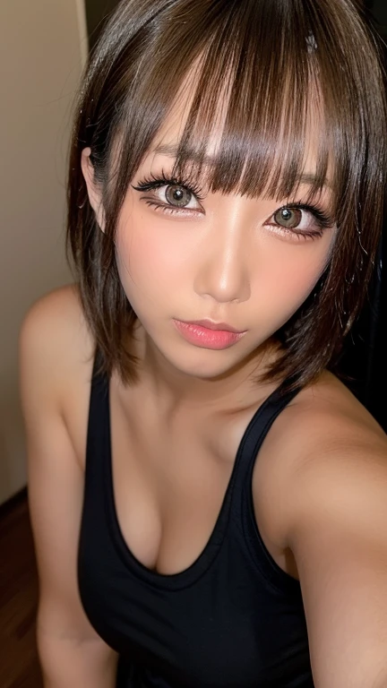 (highest quality、8k、32k、Masseter region、Hmph:1.2)、Cute Japanese Girl、1 girl、short hair、profile、(Get a six pack、Slim figure:1.2)、(lips) 、(Wavy black hair)、double eyelid、Shiny skin、Realistic reality、Beautiful Face、(Laughter:1.3)、Squat、(From above:1.2)、(close:1.4)、Coastal、Black see-through dress、Nearly naked、Blurred Background、(Front Focus)、(dark: 1.6)、Fantasy art、Realistic、Professional Lighting、Highly detailed face、Awards、Deep Shadow、