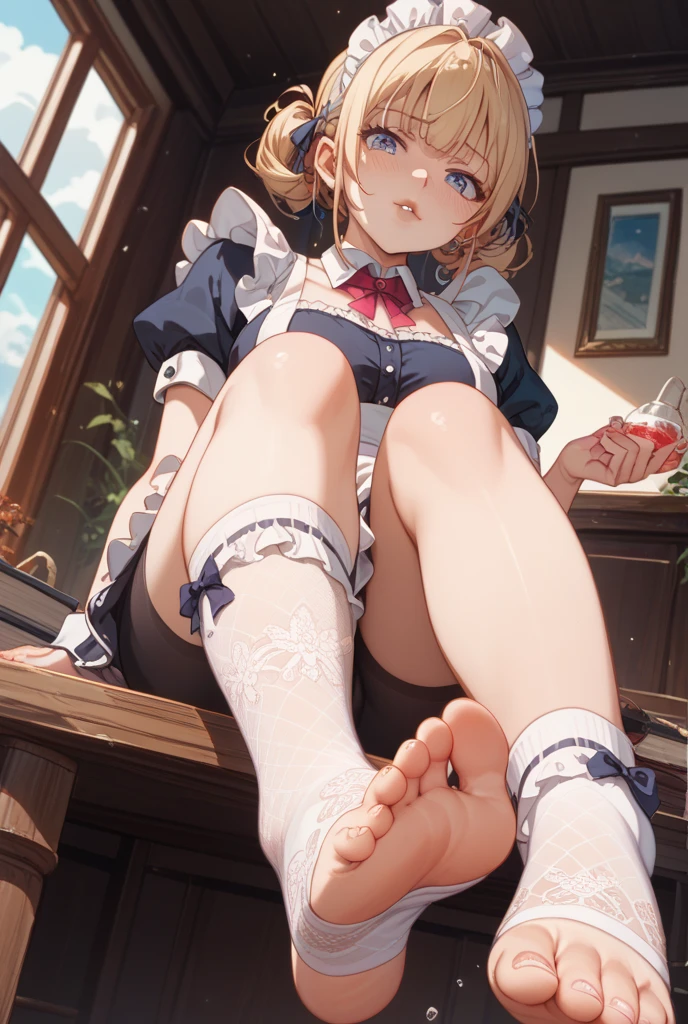 anatomically correct, best quality, masterpiece, high quality, high details, highres, HD, (shaded face:1.2), hollow eyes, blue eyes, looking at viewer, heavy breathing, smirk, upper teeth, aihayasakav4, blonde hair, side ponytail, scrunchie, feet, 1girl, gloves, barefoot, solo, toes, panties, underwear, looking_at_viewer, soles, white_gloves, sitting, ribbon, thighs, ass, white_panties
