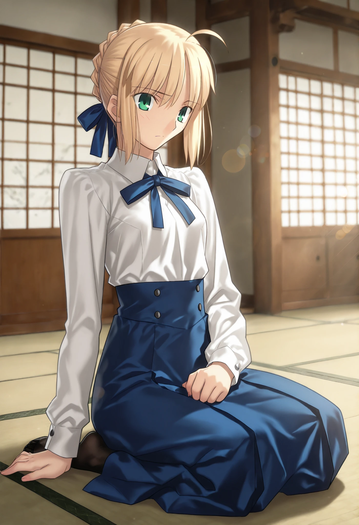 masterpiece, , absurdres, highres, detailed background, high resolution, masterpiece, necessary, detail, best quality, quality, necessary, details, High details, Precise, dark, indoors, (Japanese style architecture,),day lens flare, blurry background, ,
1girl, Takeuchi Takashi (type-moon,tsukihime) style, takeuchi takashi style, (aged up),(look stupefied), sitting, seiza, on floor,
girl, (mature, slender body, slim arms, slim bod),artoria pendragon (fate), saber (fate), blonde hair, green eyes, ahoge, hair ribbon, blue ribbon, french braid, braided bun, single hair bun, short hair, sidelocks, neck ribbon, blue ribbon, white shirt, collared shirt, long sleeves, blue skirt, high-waist skirt, long skirt, black pantyhose, small breasts,