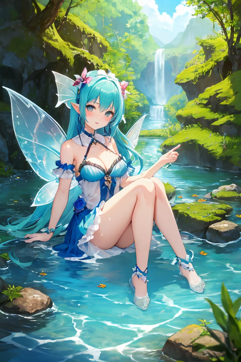 (((close up flower))), A little fairy girl is playing a prank, Wrap your hands around the water、(Flapping its wings, it floats in the air)、(Aerial), (I look up at the girls from the ground.)、(The girls who surrounded me and hugged me)、((Smiling Kindly)), (Pixie)、(Butterfly on the back々Feathered)、Very little fairy、((Little fairy))、low length、(thin)、((5 years old girl))、(Transparent fair skin), (((child girl)))、Wavy、(Blue Hair)、ponytail、Red scrunchie、((Forehead))、Big eyes、Grey Eyes, (Micro Bikini), ((Angle from below1.5)), light pink tights、navel、(A transparent cloth is wrapped around the waist.)、(Thighs), crotch、foot, ((At the Forest Springs)), (Angle from the bottom of the girl), (In the woods)、((Catching dripping water with both hands))、((Scoop water with both hands))、
