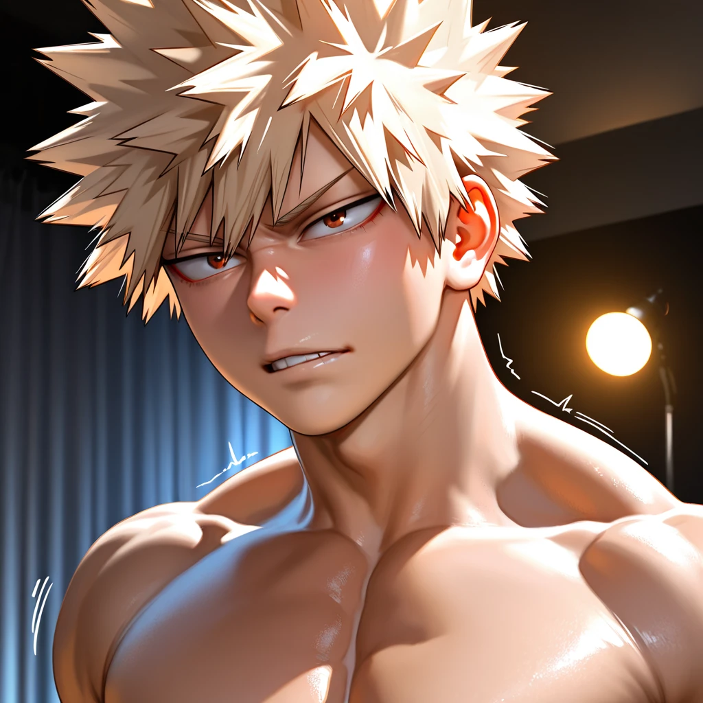 ((best quality)), ((masterpiece)), (detailed), perfect face, bakugou katsuki naked in dressing room side view ((looking at viewer)), muscular perfect body with smooth muscles. Golden spiky hair and red eyes, kiss mark on neck, ((upper body))