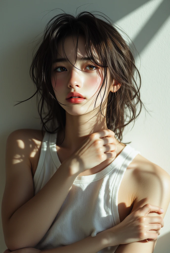 (Close eyes):2.0, (Open mouth):1.5 Real、8yk、Raw photo、(masuter piece)、(top-quality)、Hi-Res、（（Looking Up)）(girl with)、(realisitic、Photorealsitic:1.2), Upper body、Sleeveless、skinny、14years、small tits、Eyes closed、Deep sadness、Sorrow、look up sky、Open mouth、screeming、Trem lotado、Background blur