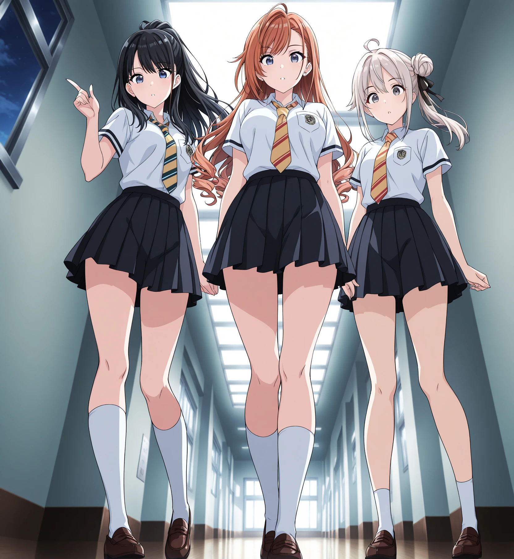 Masterpiece, highres, high Quality, misaka_mikoto, school_uniform, 3girls, tokiwadai_school_uniform, sexy, Dressing room,1girl, clothes lift, lifted by another, shiny skin, skirt lift,, masterpiece, best quality, highly detailed,