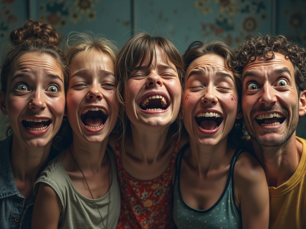 KIDS GIRL BLONDE with a black face and a black face with a black face, wide open mouth in terror, lsd face, psychopath face, screaming face, evil dead face, insane face, scary face, evil crazy laugh,