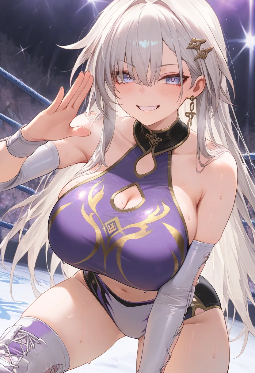 Ultra-high resolution, 1 Girl, 18 years old, (Idols:1.4), (Famous actresses :1.4), (Beautiful detailed face:1), ((Best Quality)), 1 Girl:1, Mood lighting, (((Perfect Anatomy:1.10))), (Finely detailed face:1.2), (Representative works:1.5), (Best Quality:1.2), Looking at Another, Lipstick, V-shaped eyebrows, V Line Jaw, ((Prevents clothing from digging into the skin)), ((Sexual(Painful expression:1.4))), ((Close ~ eyes:1.2)), (Heavy breathing:1.3), (The background is blurred), Glossy texture, (Long Hair:1.3), (Perfect Face:1.4), (Beautiful detailed eyes), (((Open your mouth:1.1))), ((Shiny skin:1.3)), (Extremely smooth expressed skin), (((Sweaty skin:1.5))), ((((Sweating profusely:1.3)))), White Skin, Slender, Narrow nose, (Narrow waist:1), (Almond Eyes:1), (Big Breasts:1), There is cleavage in the chest, Bangs, Light makeup, Small Ass, (((Pro Wrestling Match Venues:1.3))), ((((Inside the professional wrestling ring:1.4)))), ((Sexy patterned wrestling costume:1.3)), ((Sexy design pure white swimsuit:1.3), (( White with a complex design&gold wrestling costume:1.3)), ((((The crotch is very wet:1.4)))), ((((Sweat makes clothes transparent:1.3)))), (Patent leather long wrestling boots), Thimble Skin Gloves, ((Lie on your back:1.2)), (((Leaning posture:1.1))),