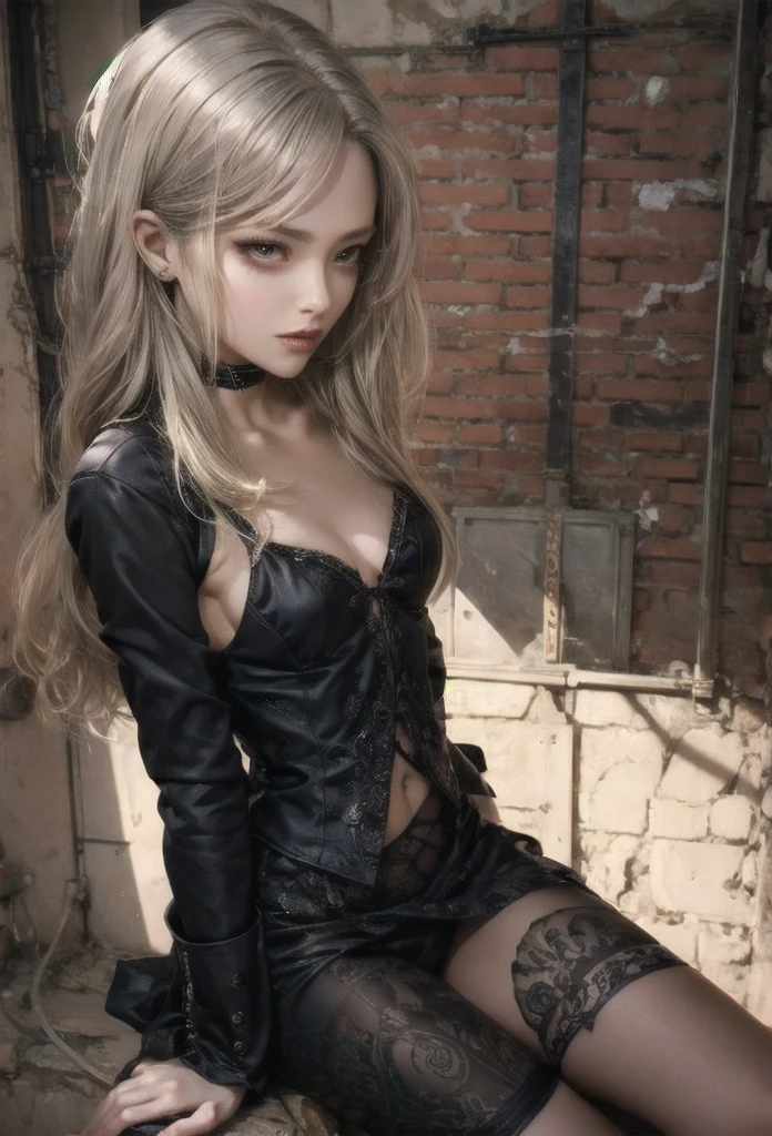 (Detailed illustrations,Very detailed and detailed drawing,Delicate lines with slow and rapid,Realistic texture expression),[Color tressed main line],dim room[prison[Walls and ceilings with exposed bricks that have deteriorated over time]],(japanes(Very Beautiful Little Girl)[14years])silber hair (bony and thin body[morbid]SKINNY),[leather [Bondage Fashion],Vampire,(Fine and beautiful skin expression [Transparency]),[完璧な目のdetaileds (Iris beautifully drawn in every detail)[Jewel-like eyes]],[long and beautiful eyelashes],[Meticulously drawn hair],(完璧な手のdetaileds [Beautiful fingers without breakdowns [Beautiful nails]]),(Perfect Anatomy(Perfectly proportioned))[[Full body like]],[Ideal color coordination(Accurate simulation of light-material interactions)],([Precision Detail](detaileds,high-detail)),[[Pale and gentle colors]][Visual art that conveys a sense of narrative] [[Eros in the Natural Body]].