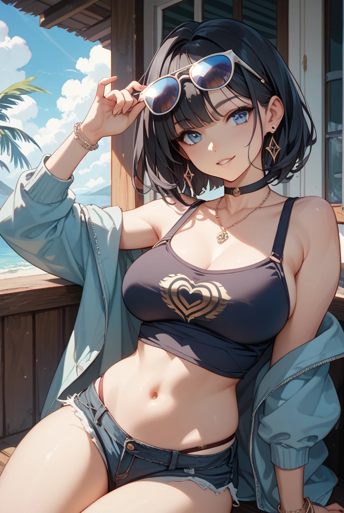 ((Ultra detailed:1.5, Best Quality:1.5, photorealistic:1.5, 8K, Masterpiece: 1.3)), looking at viewers , Sharp Focus: 1.2, A Beautiful Woman with Perfect Figure: 1.4, Slim Abs: 1.2, sweaty Body: 1.1, Highly Detailed Face and Skin Texture, (Detailed Eyes, Double Eyelids), cute Breasts, (facial expressions, happy:1.3 smile:1.1), , girl, wearing a lot of jewelry, (beautiful eyeshadow, detailed makeup), (wearing lots of bracelets), ((white top:1.2, tight short pants, thong straps, looking at camera ))  (swept cut, middle hair , onyx black hair ), sexy dancer outfit, sex appeal, standing ,(perfect anatomy),sunset beach , ((sunglasses on forehead)), celebrity