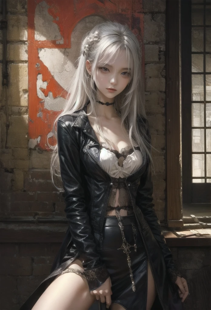 (Detailed illustrations,Very detailed and detailed drawing,Delicate lines with slow and rapid,Realistic texture expression),[Color tressed main line],dim room[prison[Walls and ceilings with exposed bricks that have deteriorated over time]],(japanes(Very Beautiful Little Girl)[14years])silber hair (bony and thin body[morbid]SKINNY),[leather [Bondage Fashion],Vampire,(Fine and beautiful skin expression [Transparency]),[完璧な目のdetaileds (Iris beautifully drawn in every detail)[Jewel-like eyes]],[long and beautiful eyelashes],[Meticulously drawn hair],(完璧な手のdetaileds [Beautiful fingers without breakdowns [Beautiful nails]]),(Perfect Anatomy(Perfectly proportioned))[[Full body like]],[Ideal color coordination(Accurate simulation of light-material interactions)],([Precision Detail](detaileds,high-detail)),[[Pale and gentle colors]][Visual art that conveys a sense of narrative] [[Eros in the Natural Body]].