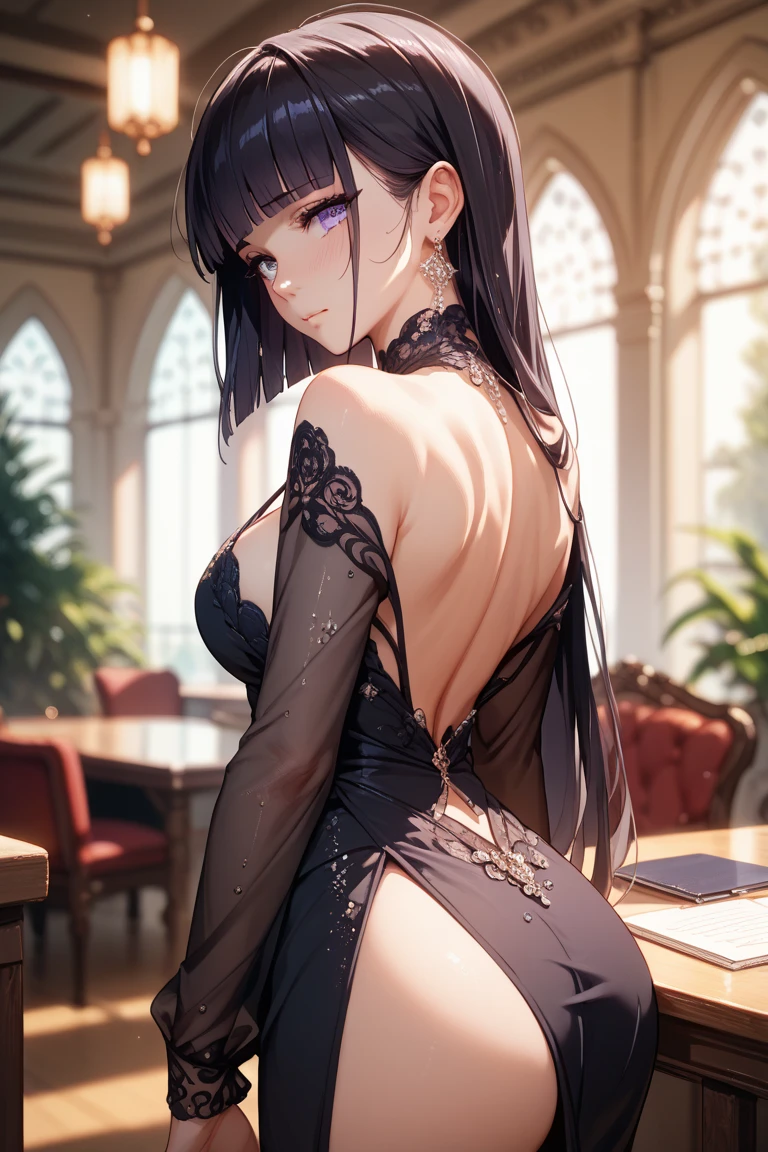 ((Highest quality)),(Ultra-high resolution),(Very detailed),(Detailed Description),((The best CG)),(A masterpiece),Ultra-detailed art,Amazing painting art,(Art with precise detail:1.5), ((Slip dress:1.3)),(Side boob:1.4),(Backless:1.4)