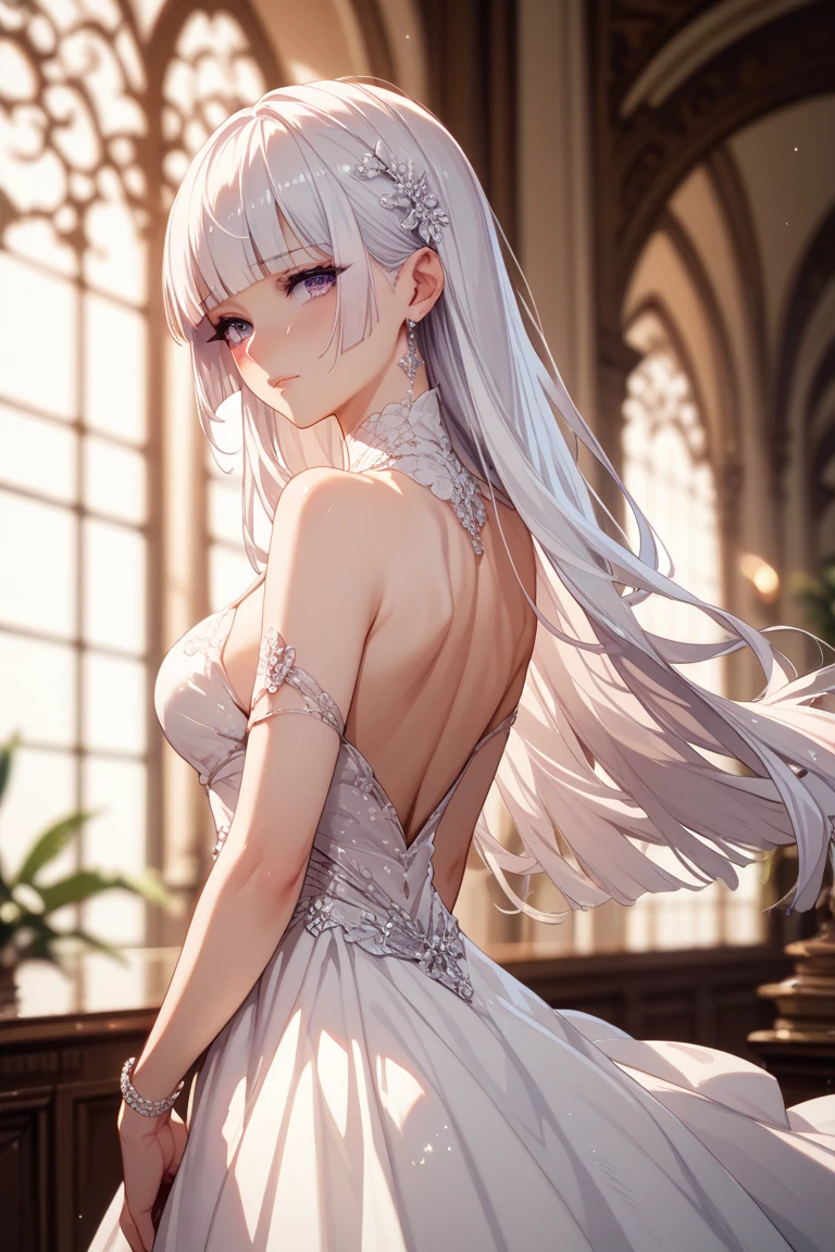 a women, white hair, purple eyes, white dress
