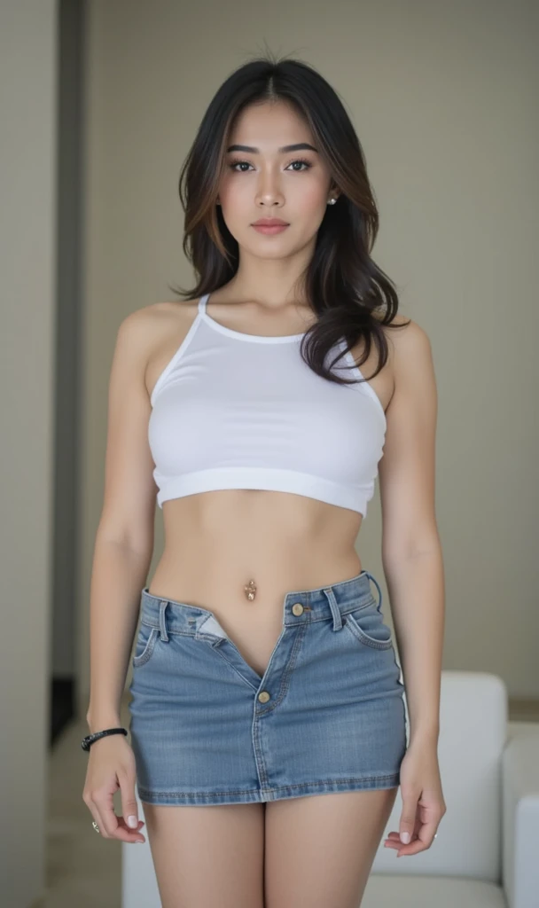 Girl posing for photo in white bra and tight denim, upper body, with cropped t-shirt, bra and streetwear, slim figure, smaller bust, slim girl model, 24 year old female model,