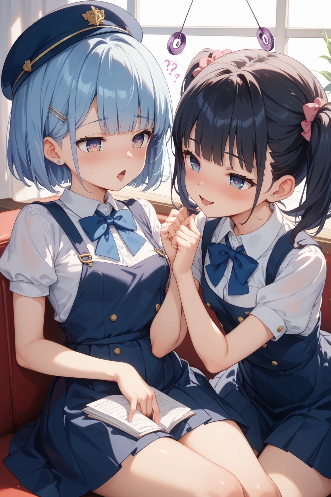 1male, Black Hair,Short Hair,young man,faceless,1girl, Blue Hair, Twin tails, Hair between the eyes, hair bow, eyebrows visible through hair,{{cunnilingus}}, lick vagina, male tongue,