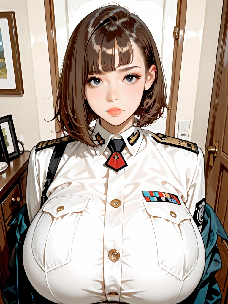 1girl,korean soldier girl,military uniform,super big breast,(P cup), hold a snipers