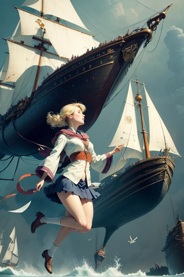 Harold McCauley, Anton Pieck, Surreal, mysterious, bizarre, fantastical, fantasy, sci-fi, Japanese anime, airship moored to an aerial wharf, miniskirt beautiful swordsman running towards the airship on the tethered rope, perfect voluminous body, blue sky, clouds, detailed masterpiece bird’s eye views Hyper realistic sharp focus cinematic lighting tits ass