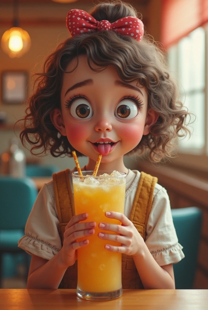 There's a little girl sitting on a chair with a glass of orange juice, pegando seus tacos e bebida), segurando uma bebida, sentado em sua cadeira alta, Tiro na Nikon Z9, com um canudo, com uma bebida, 8k 50mm iso 10, derramamento de suco, garotinha, Tiro em Sony A 7 III, Fazer um lanche, olhando bonito