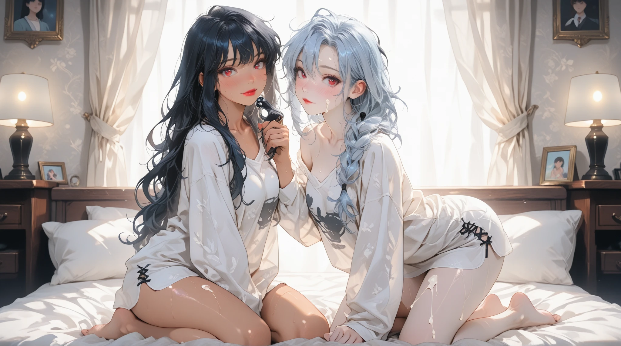 1Girl, Solo, Anime, Ideal body, (Cleavage,small Breast:1.2). Beautiful, Gorgeous, Fresh, Young, 25 year,  Blunt Bangs.(White Grey Hair:1.5), (Straight and Wavy Long Hair:1.3), Black Virgin Killer Sweater, Off-Shoulder, Cotton Sweater, Comfort, (Cross leg:1.3). Earrings, Thin Black Headband, Green Accessories, Environmental Details, Bed Room, Natural Light, Modern Bed, Chair, Window, White Curtain, City View. pov, anime style, UHD, retina, masterpiece, accurate, anatomically correct, textured skin. High Resolution, Looking at viewer, Blush, Best Quality, Award Winning, Accurate, Embarrassed, seductive smile, sweating, Naughty Face, Naughty smile, Gradient Eye Color, Sexy Pose, Naughty POV.