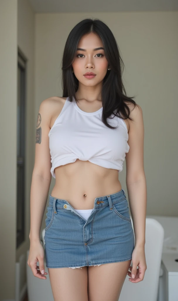Puberty Latina girl, has long black hair, brown eyes, is short, thin and has an almost flat chest, wears a semi-transparent white tank top and short denim shorts, looks sweaty in a garden