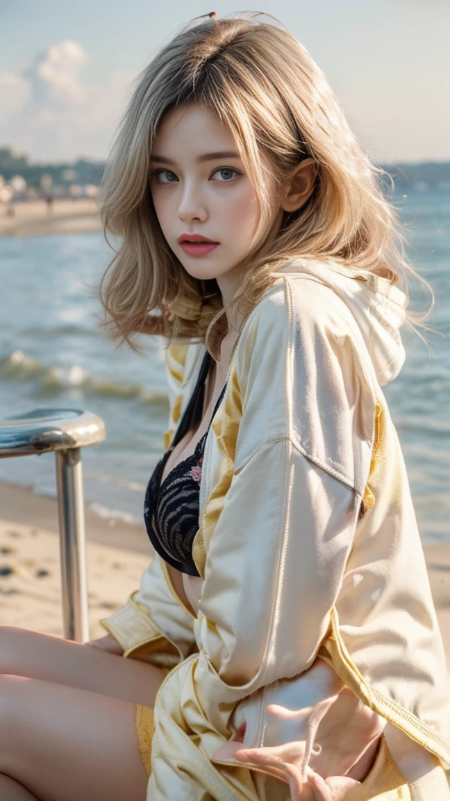 Beautiful girl sitting on the beach, aesthetic vibes, pink foto filter, aesthetic beach, lofi, long hair, (yellow gold hair), (sad emotion), (black bra:1.5), (soft thin white jacket:1.5), (big ass), (thin fingers), (perfect hands), (perfect fingers), (sad expression), (sad eyes),(thin white coat: 1.5), (see-through coat), (sexy body)