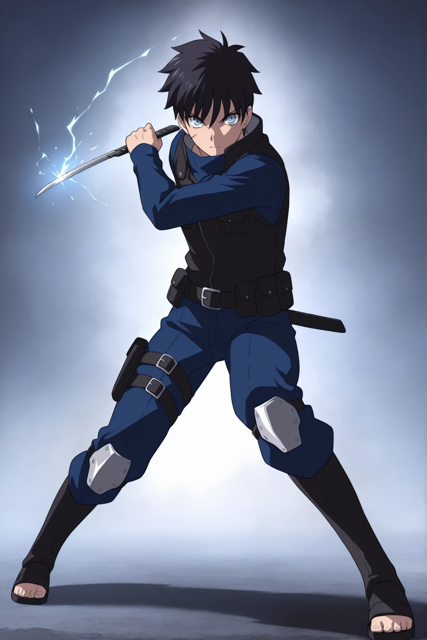 (masterpiece,best quality,ultra_detailed,highres,absurdres:1.2,amazing quality,very aesthetic),tohno shiki,1boy,solo,black hair,short hair,blue eyes,serious,,blue black pants,holding knife,fighting stance,short sword,full body, dark thick high collar black shinobi flack vest, electricity effect on hands, waist and leg harness, armored legs, , frontal view, rwby aura effect around body, knee armor