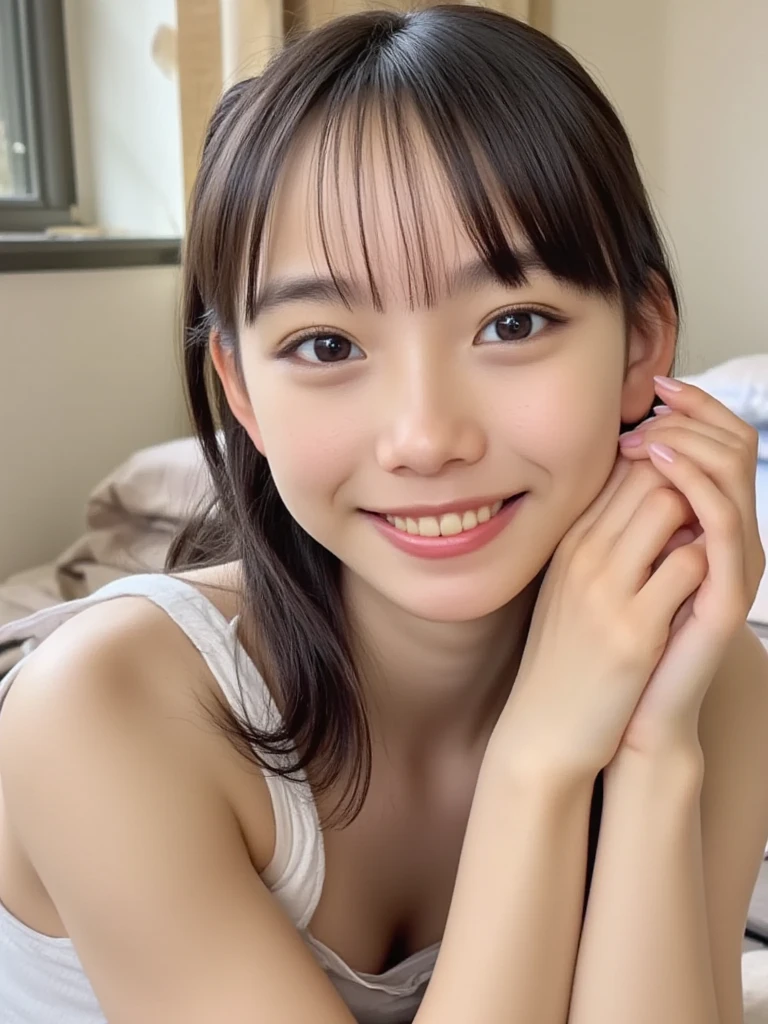 Cute like an idol、Cute and adorable、A girl with a young face、Smiling Kindly、Naked with only an apron on、Naked under the apron、Cleavage、(kitchen)、whole body、Accurate、Anatomically correct、Textured skin、Very detailed、 Attention to detail、Highest quality、High resolution、Genuine、Indistinguishable from live-action、realism、Real Stick、RAW Photos、Genuine、masterpiece