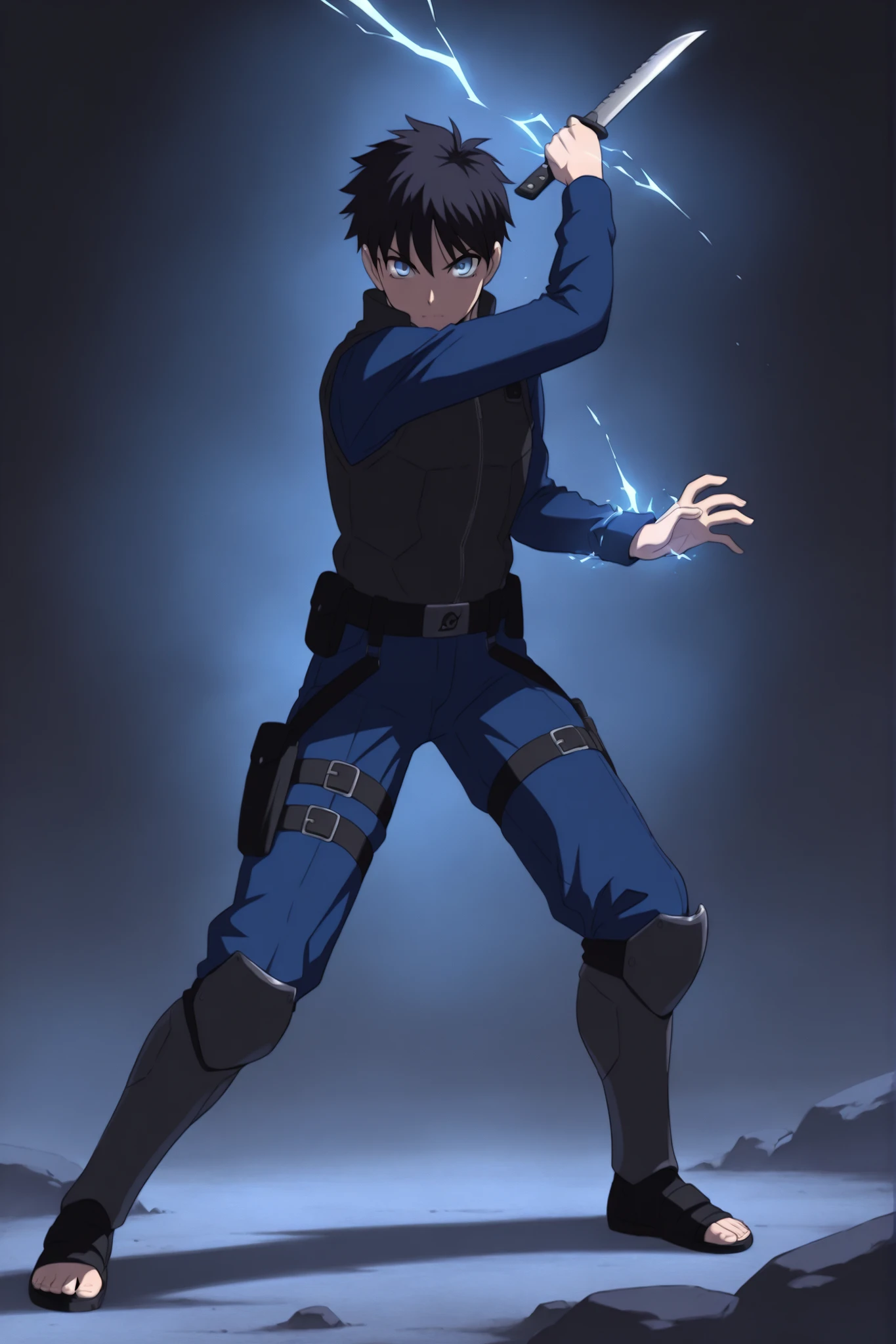 (masterpiece,best quality,ultra_detailed,highres,absurdres:1.2,amazing quality,very aesthetic),tohno shiki,1boy,solo,black hair,short hair,blue eyes,serious,,blue black pants,holding knife,fighting stance,short sword,full body, dark thick high collar black shinobi flack vest, electricity effect on hands, waist and leg harness, armored legs, , frontal view, rwby aura effect around body, knee armor