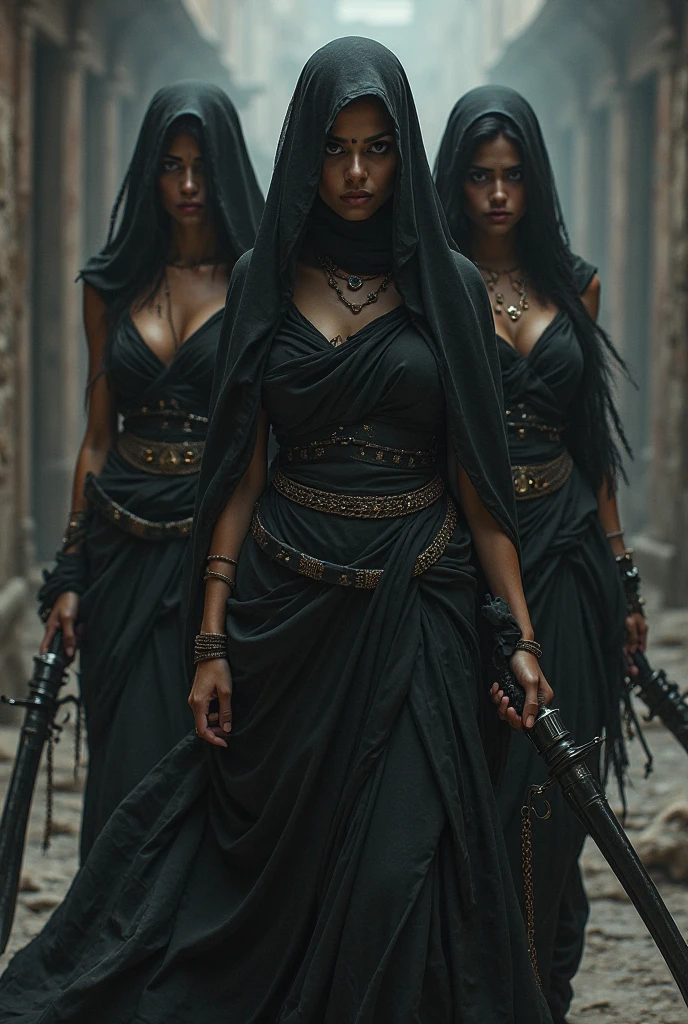 a beautiful woman in a gedi robe, a beautiful woman in a sith lord costume, 2 women, star wars, hyperrealistic, 8k, highly detailed, photorealistic, dramatic lighting, cinematic composition, intricate costume details, elegant poses, dynamic movement, moody color palette, dramatic shadows, vivid colors, stunning visuals