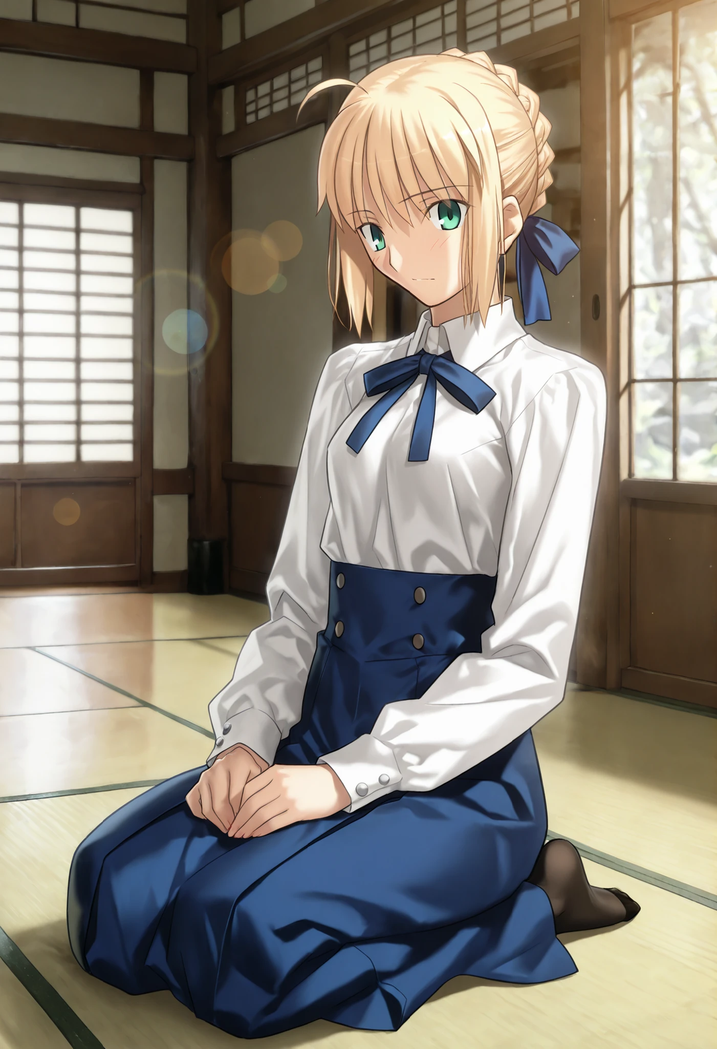 masterpiece, , absurdres, highres, detailed background, high resolution, masterpiece, necessary, detail, best quality, quality, necessary, details, High details, Precise, dark, indoors, (Japanese style architecture,),day lens flare, blurry background, ,
1girl, Takeuchi Takashi (type-moon,tsukihime) style, takeuchi takashi style, (aged up),(look stupefied), sitting, seiza, on floor,
girl, (mature, slender body, slim arms, slim bod),artoria pendragon (fate), saber (fate), blonde hair, green eyes, ahoge, hair ribbon, blue ribbon, french braid, braided bun, single hair bun, short hair, sidelocks, neck ribbon, blue ribbon, white shirt, collared shirt, long sleeves, blue skirt, high-waist skirt, long skirt, black pantyhose, small breasts,