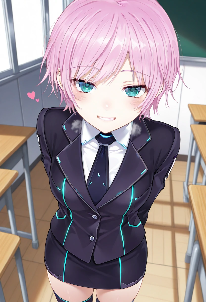 ririyuuhi, <lyco:ririyuuhi-LYCORIStest:1>,
riri yuuhi, aqua eyes, pink hair, short hair, hair pin,
BREAK blue footwear, blue jacket, buttons, jacket, long sleeves, miniskirt, necktie, school uniform, skirt, thighhighs, zettai ryouiki,
BREAK looking at viewer,
BREAK indoors,
BREAK <lora:GoodHands-vanilla:1>, (masterpiece:1.2), best quality, high resolution, unity 8k wallpaper, (illustration:0.8), (beautiful detailed eyes:1.6), extremely detailed face, perfect lighting, extremely detailed CG, (perfect hands, perfect anatomy),