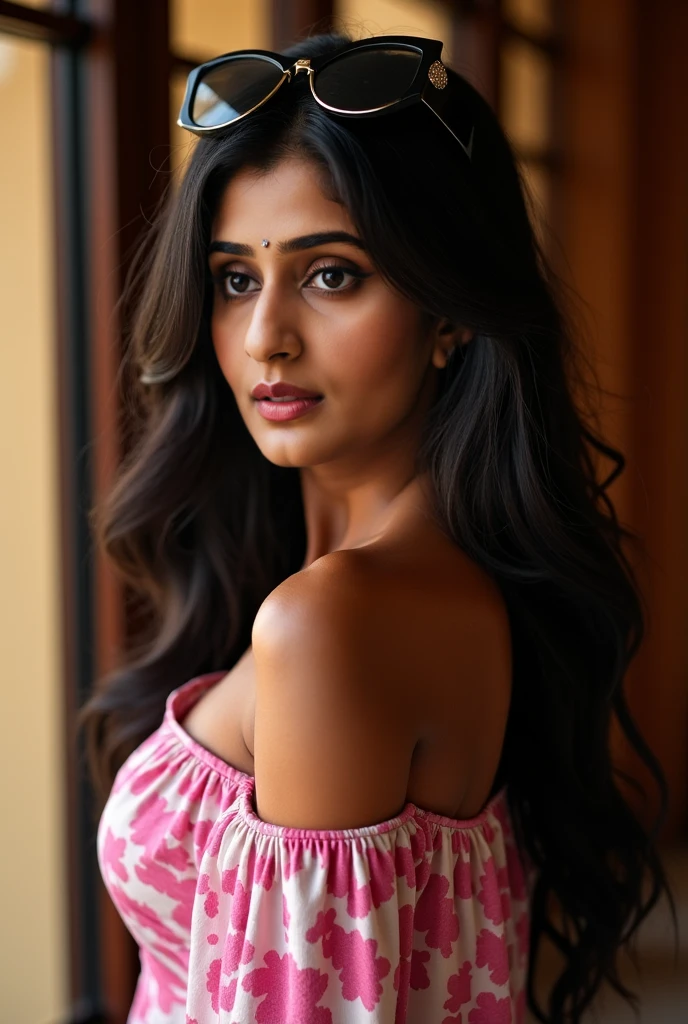 RAW photo, face portrait photo of beautiful 26 y.o woman, cute face, wearing black white sari, happy face, hard shadows, cinematic shot, dramatic lightin, big boobs, long hair, dramatic background, dark pink lips, sexy figure