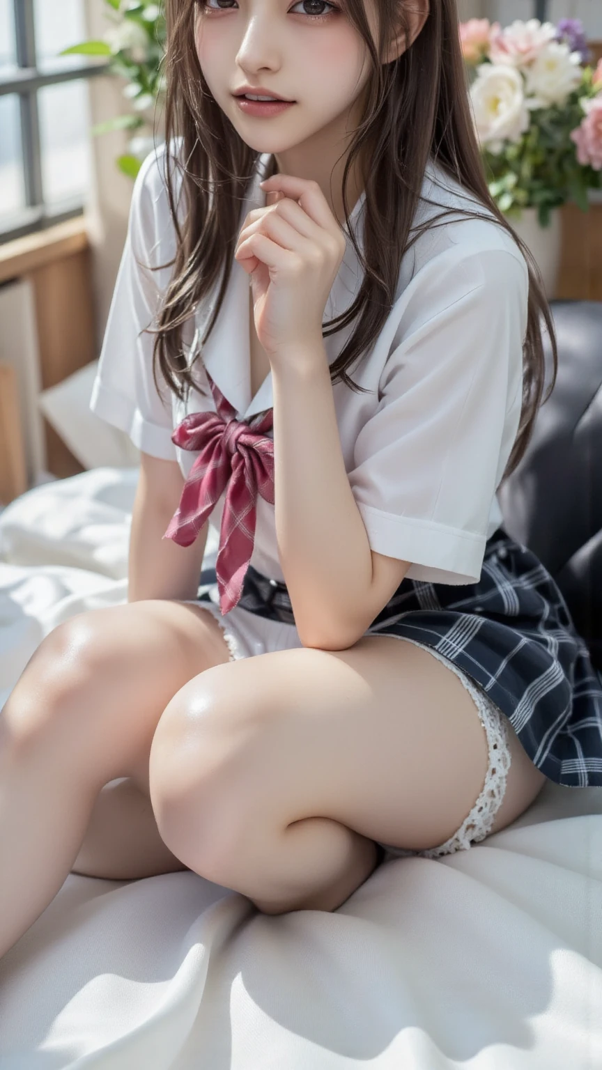 (double eyelies:1.3),(long eyelashes:1.2), (Big eyes:1.2),drooping eyes,(realistic silk panties:1.3),(thick thighs:1.2),(huge hip:1.2),(white panties:1.2),(pink check skirt:1.2)(Looking directly at Viewer:1.3),(small smile:1.2)32K,(beautiful teeth:1.3) masterpiece, Raw photo, Best Quality, Photorealistic, Highly detailed CG Unity 32K,(Extremely beautiful face, Beautiful lips, Beautiful eyes), intricate detailed face, ((Ultra detailed skin)) , Cutest Pretty Japanese girl, Super Idol, Clear eyes,, (Brown hairs), thick thighs, balanced elegant face,