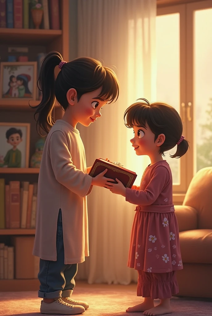 A pixar style image of a nine year old girl with black hair receiving a yellow book with a life of its own from an eleven year old girl with black hair