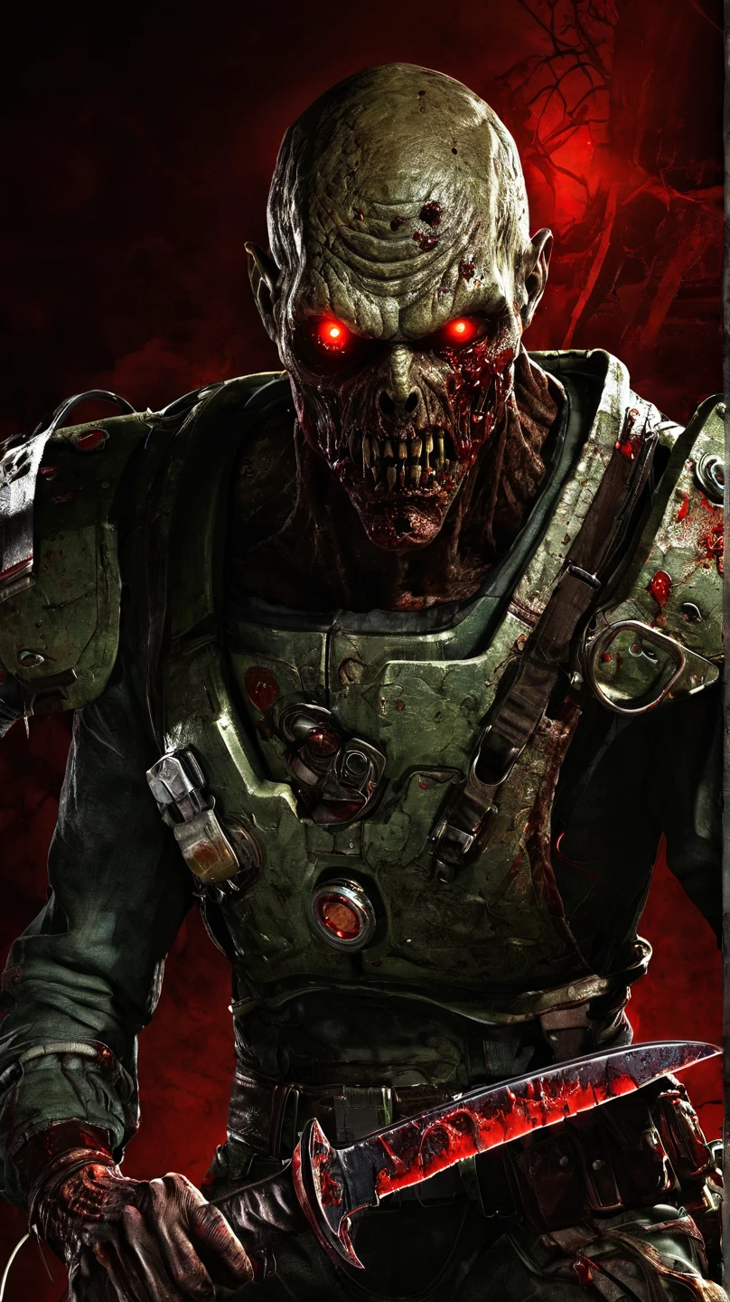 Close-up of a ((handsome zombie warior)) , half human, half beast. Their eyes are filled with hapiness and longing. The background is a trail of blood and violence. He wears a mechanized robot armor, carved with animal elements, human skulls. The sky is filled with swirling, fiery clouds. The photo conveys a strong sense of the warrior's appearance, ((smiling))