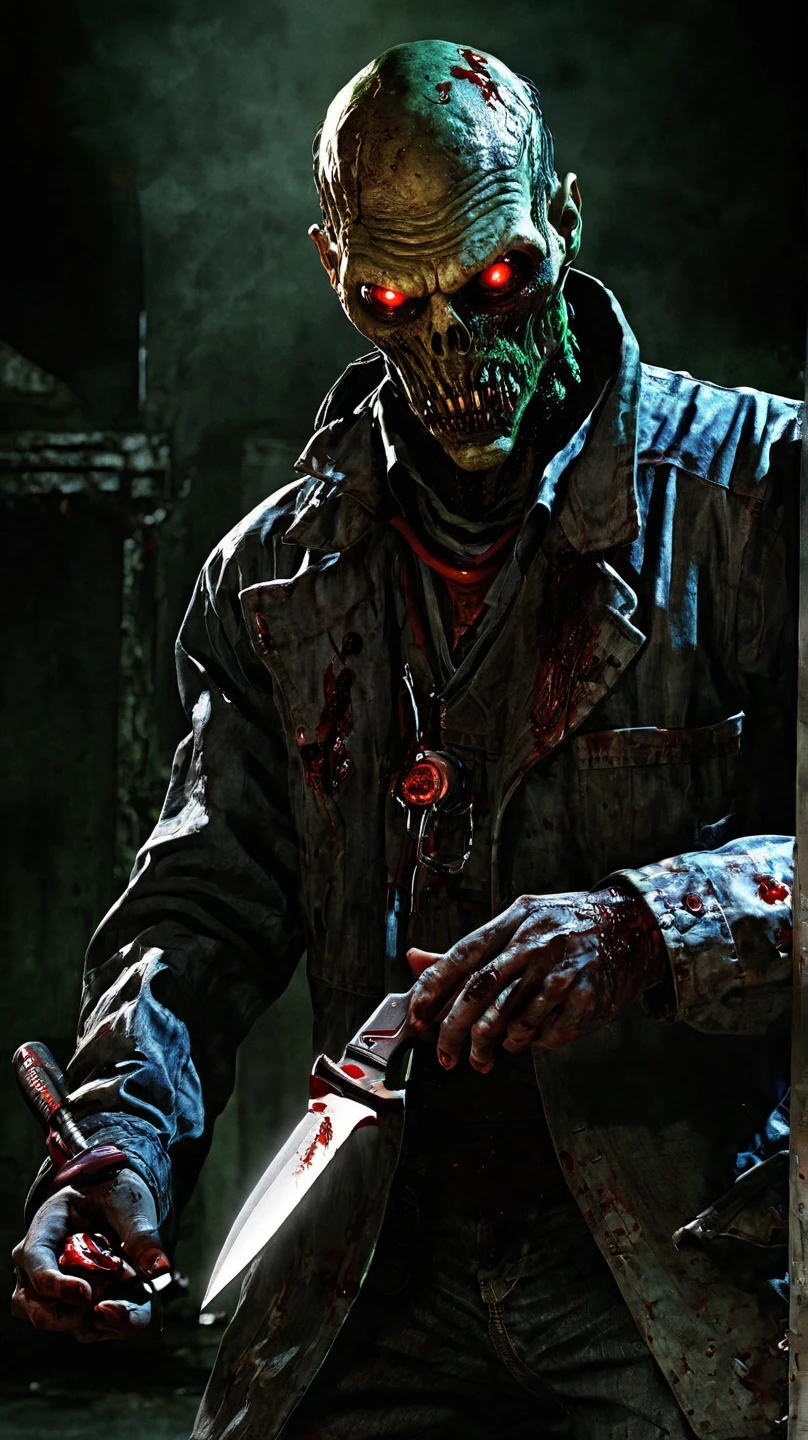(masterpiece, best quality:1.2), ((RAW photo, Best quality)), (Realistic, photo-realistic:1.2) a evil zombie, blood, hottinig, ((horror, creepy)) , night, ((White eyes)). , angry. ((( Exposed brain))), ((Pale or greenish skin)), wounds, empty eyes, torn clothes, slow movements, guttural noises, aggressive and cannibalistic behavior, skull. Cinematic lighting.
