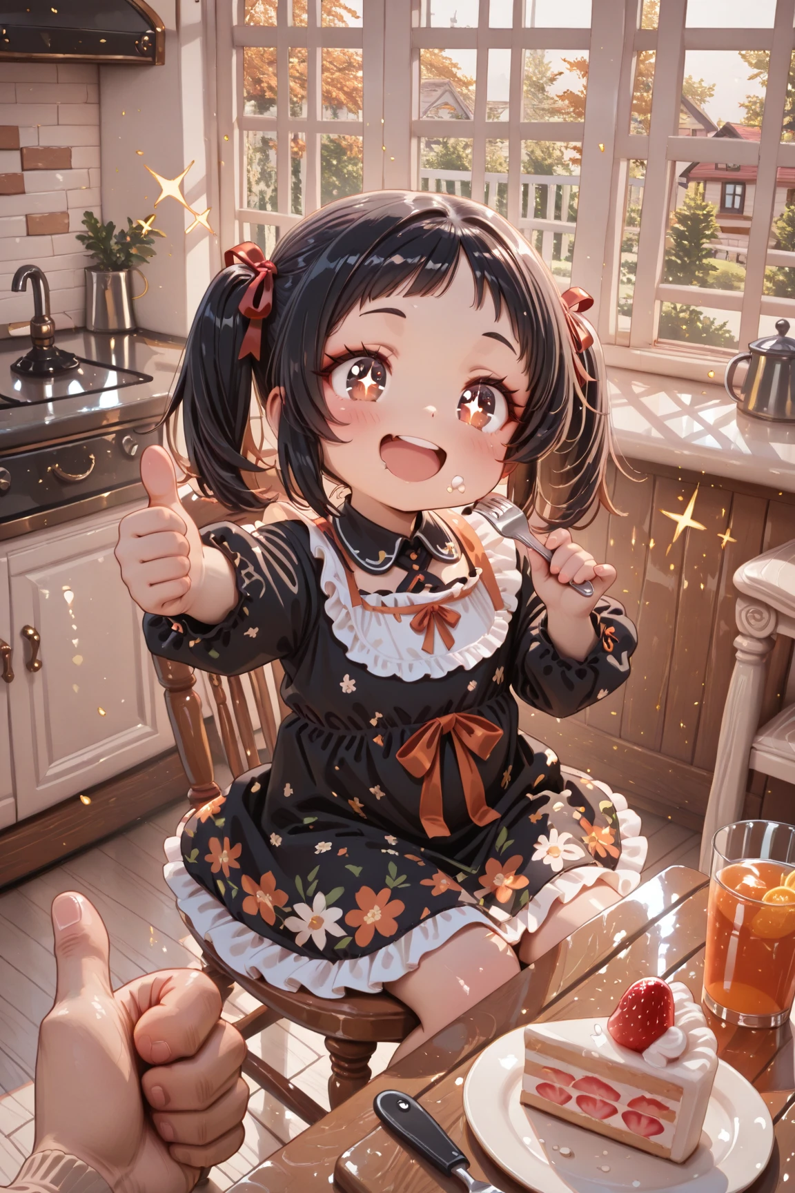 A little girl, facing the camera, black hair, holding bread in hand, eating bread, very happy, laughing, sunny, cheerful, pure white background, Disney style --auto --s2
