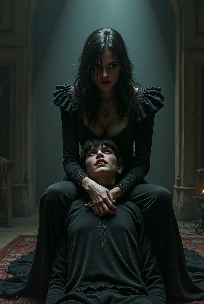 Realism, super quality, battle photo style, boy is holding the sword against woman's throat, stabbing her throat, her head is thrown back, woman has large masculine Adam's apple, (woman is a 30-year-old goth mom, feminine face, gothic makeup, black dress, pale skin, long hair) (boy is her son)