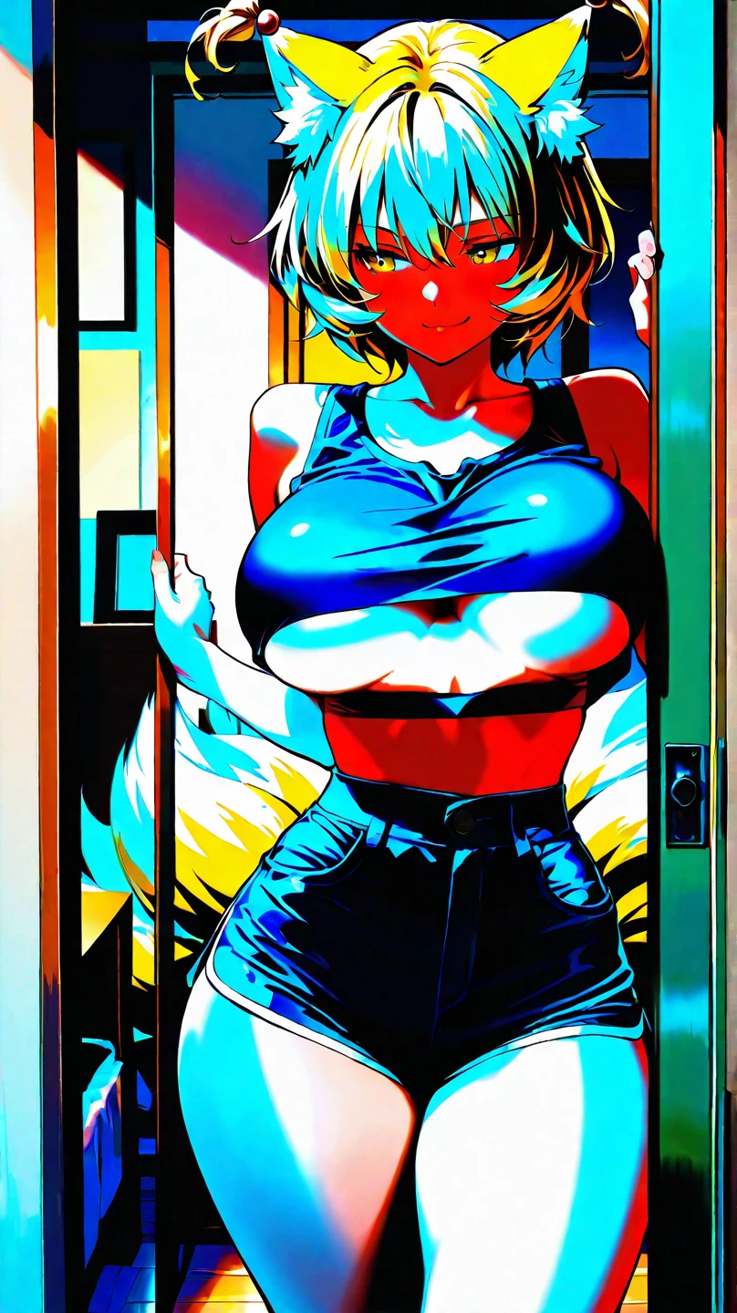 1 futanari,Saiyan, white hair combed back, green eyes,slim, thin waist, wide hips, brown skin color, medium breasts, white top, short black skirt, white panties, panties showing, hot, the place would be a tavern, dick girl, huge dick,Dick squeezed inside panties