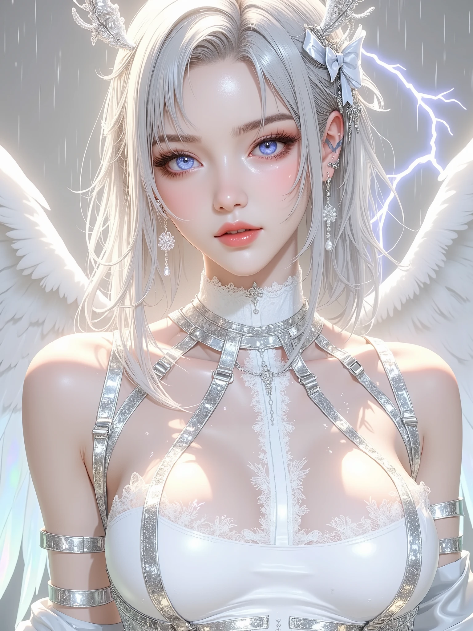 top quality, Masterpiece, ultra high resolution, ((Photorealistic: 1.4), Raw-Photo, 1 girl, gray hair, Glossy leather, angel girl, (Ultra-realistic details)), Global Illumination, shadows, octane number, 8K, ultra sharp , big, open neckline, Latex bodysuit, complex decorative details, Egyptian Parts, very complex parts, realistic light, CGSoation trend, purple eyes, grey eyes, sparkling eyes, Facing the camera, neon details, Angel Halo, Blood vessel, medium breasts, the clothes are a little holey and exposed parts of the body are visible, Evangelion, white angel wings and gray clothes, white halo glows, Small luminous LED lamps (in the background is a dazzling landscape with pink cherry trees and mountains with a waterfall.), a big one is visible piece of breast and nipple, no panties either, naked vagina, one of the greatest angels has just been reborn, around divine holiness in the background