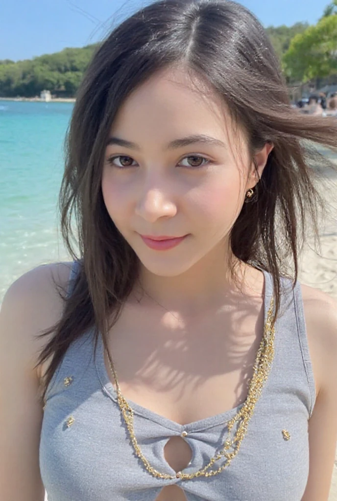 1 girl, alone, looking at the viewer, dark blonde long hair, hair is tied up, (Dark green sheer_Dress, See-through:1.2), brown eyes, Coastal rocky background, small breast , smile, realistic, masterpiece, 最high quality, high quality, High resolution,