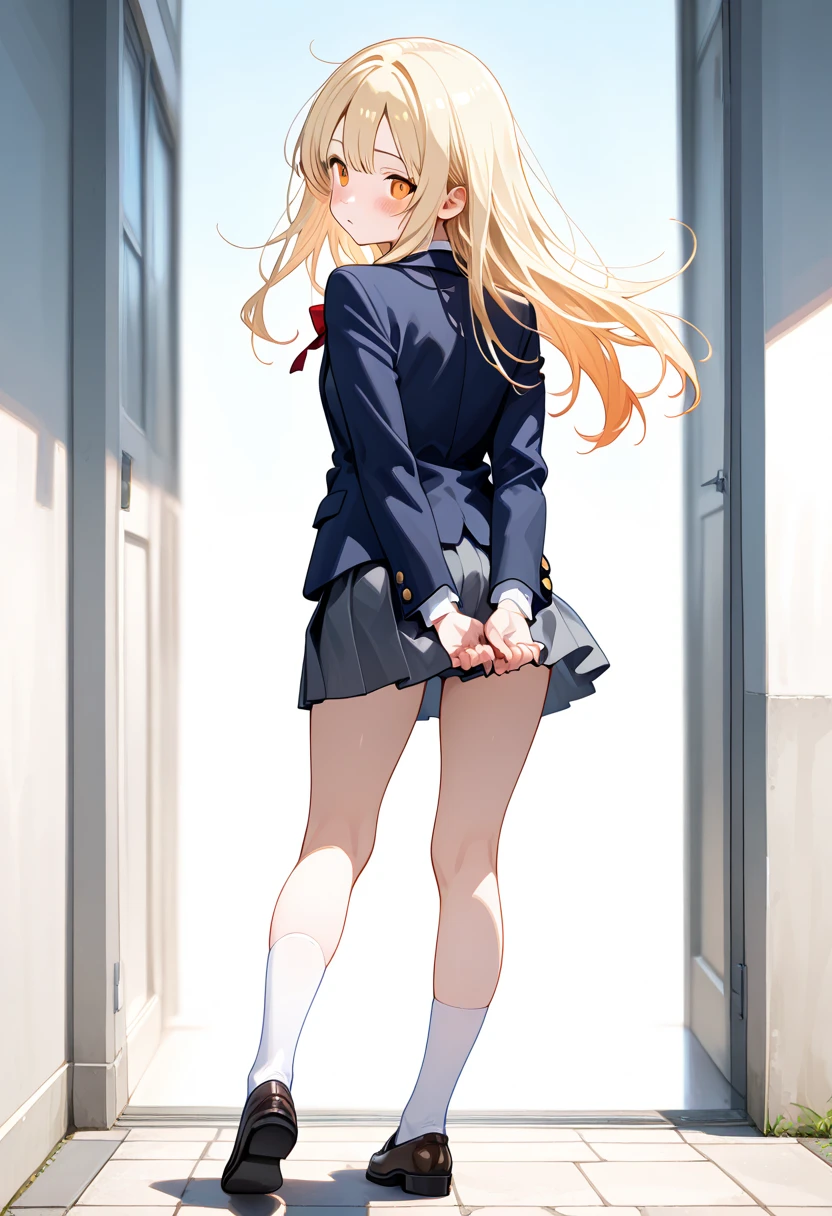 masutepiece, Best Quality, hight resolution, kitagawa marin, 1girl in, Blonde hair, Long hair, multicolored hair, Red Eyes, Jewelry, earrings, Piercing, School uniform, White shirt, Black Choker, blue necktie, plaid skirts, (Looks Back), s ass, grin, Smile, Standing, Cowboy Shot, Cute lingerie、(Expose panties:1.5), (fullllbody), (Black socks:1.4), Erotic Cute, crass room, Full body illustration, thighs thighs thighs thighs