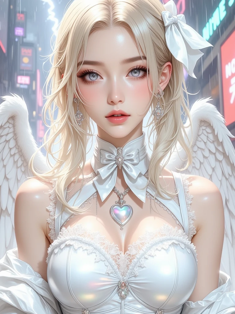 ((RAW photos)), ((masterpiece)), Anthropomorphic angel girl in white noble robe, Intricate details, running, Complex Greebles Works, The sky behind, pink, Beautiful wings, Detailed eyes and lips