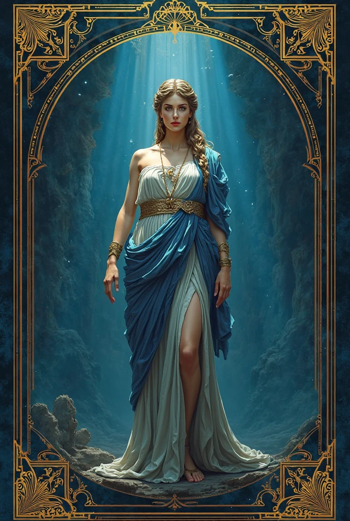 (((QUEEN YEMANJÁ )))on a BEACH with SHELLS STARS OF THE SEA a bright light, Sorceress, beautiful female sorceress, (( Yemanjá ultra-realista ))) With a beautiful crown of shells and pearls, volantes+ribbons+detailed in tone , It should look charming and beautiful, Keep the iconic elements of the original character. Yemanjá must have a sensual round face with large dimensions, clear eyes, long eyelashes and rosy cheeks. Your hair should be in great black tones . Elegant like a queen : Vista-se Chibi em um luxuoso e elegante vestido com detalhes standingrolas dourada . She wears a veil on the shore, The character's costume is a beautiful light blue lace dress. . standing, . Magic Accessories: Add charming accessories to the chibi, shell necklaces and earrings .Be sure to add shadows, textures and details in the hair, yemanjá accessories, to make you even more charming and charming. Give him a smiling expression and a smile on his face, Capturing the essence of the character in a subtle way, Delicate hands,( beach scenery, deep surrealistic landscape, yemanjá and its mermaids ) million conchas pérolas 18 K UHD