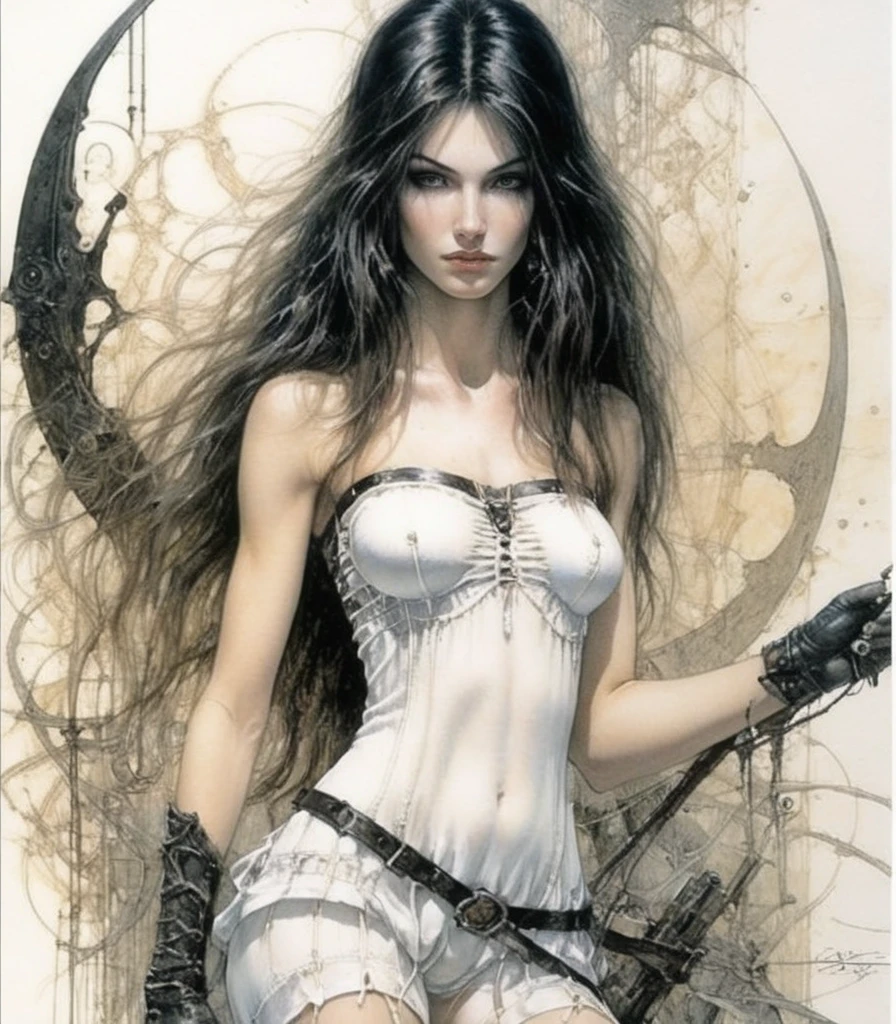 Create a hyper detailed photograph of a luis royo APOCALYPSE youthful glamorous, Stunningly perfect gorgeous face, perfect makeup, detailed vibrant eyes, hair, perfect beautiful legs, perfect beautiful arms, , abs, detailed smooth skin, big breast, big perfect ass,
