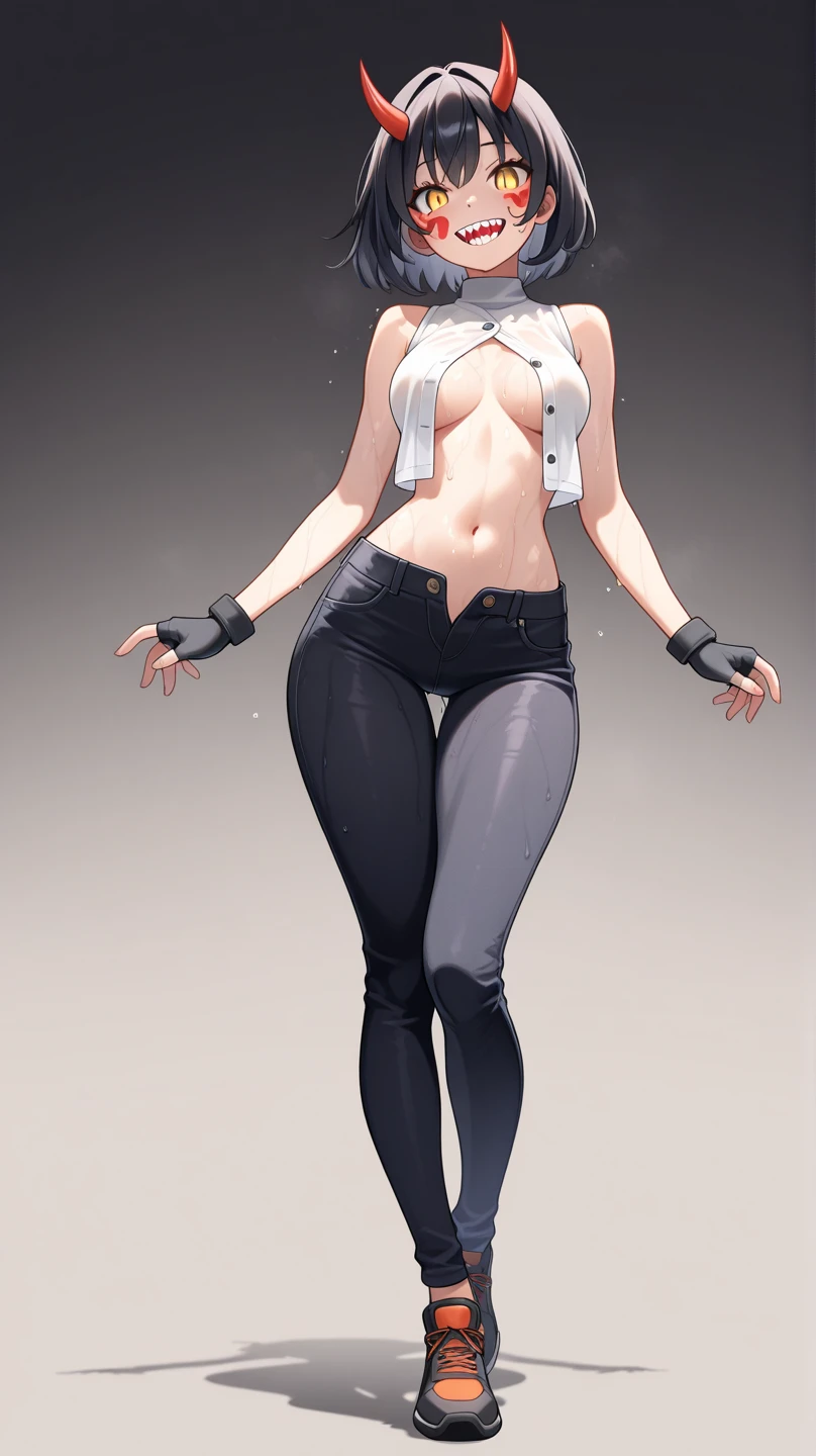 (solo:1.1),(masterpiece), (best quality:1.3), highly detailed, intricate, professional art, digital art, absurdres, emerald sustrai, 1girl, solo, dark skin, green hair, bob hair, smirk, gold hoop earrings, ab lines, detailed stomach, red eye colour, dark skin, white shorts, brown stockings, sandals, green cross strap crop top, arm gloves, small breasts, wide hips, (aroused:1.2), (futanari:1.1), medium penis, thick penis, veiny penis, huge testicles, (black makeup 1:1), Black lipstick, beestung lips, pubic hair, penis bulge under clothes, crotch bulge, testicle bulge between thighs, BREAK indoors, resort, posing, BREAK frontal view, universal lighting BREAK