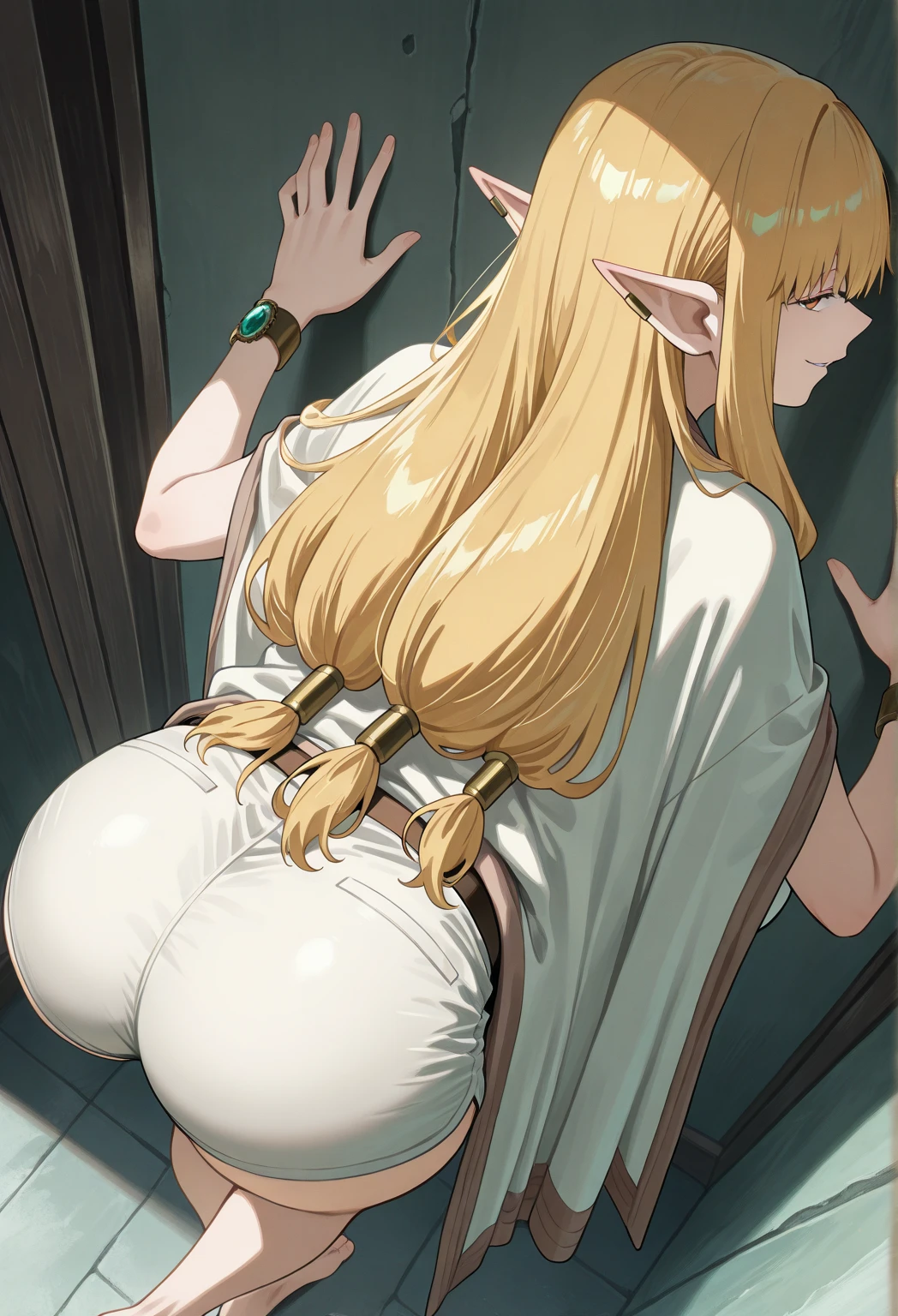 Very detailed、Highest quality、Best image quality、masterpiece、8k、Blonde curly hair、smile、Open Mouth、(SFW Huge Body)、(((Rear View)))、Cowboy Shot、Wear a thong、Knee-high socks、(horn)