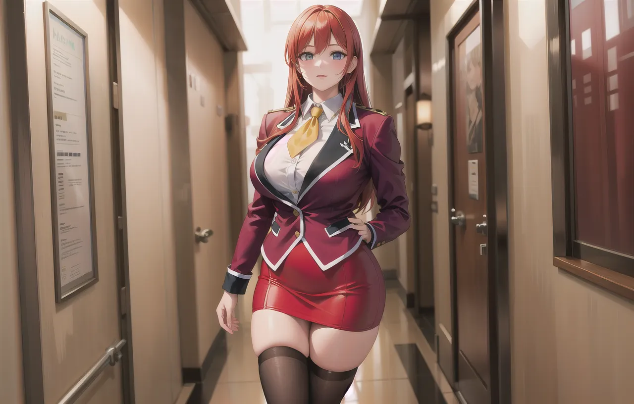 (Masterpiece, Best Quality, High Quality:1.4), professional artwork, Intricate Details, field of view, sharp focus, detailed painting, masterpiece, cinematic lighting, trending on pixiv, (vivid lighting, vibrant colors, by by Nagasawa Rosetsu:1.05),
Hiroko Takashiro, (mature female, milf:1.1), solo, (curvy:1.1), standing near chalkboard, holding chalk, classroom, (full body shot:1.1),
(red hair:1.05), long hair, lipstick, makeup, ultra detail hair, ultra detail face, (purple eyes:1.05), perfect eyes, perfect face, earrings, (confused, blush:1.2),
shirt, jacket, (black thighhighs, garter belt:1.1), zettai ryouiki, pencil skirt, school uniform, highheels,
(Large Breasts:1.1), Cleavage, big ass, thighs,