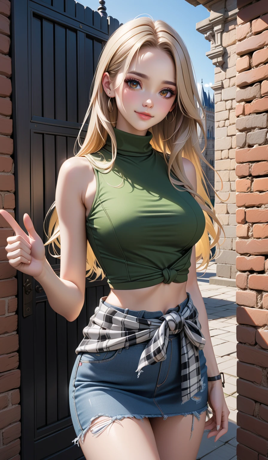 (masterpiece), (best quality), (detailed), light layer, 1solo girl, young girl, perfect body, blonde hair in pigtails, defined chest, defined collarbone, ultra realistic, photorealistic, detailed, ,Enhance, wearing a busty low green v-neck anime shirt and green booty shorts, thigh high socks and sneakers, kneeling