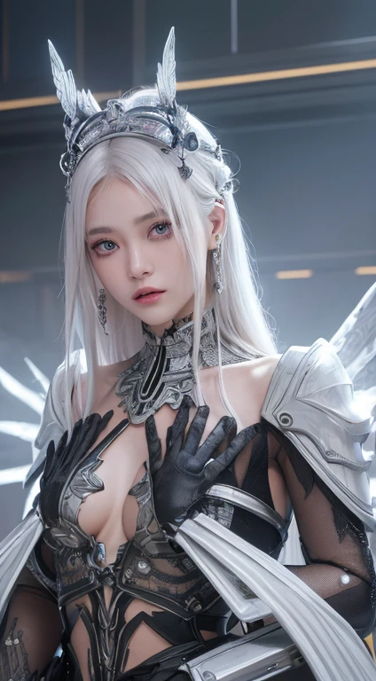 ((Best Quality)), ((Masterpiece)), (Details: 1.4), 3D, A Beautiful Female Knight, (Long White Hair: 1.9), (Red Eyes: 1.7), (Armor: 1.5), Sabre, Temple Background, Gothic Chapel, HDR (High Dynamic Range), Ray Tracing, NVIDIA RTX, Super-Resolution, Unreal 5, Subsurface Scattering, PBR Texture, Post Processing, Anisotropic Filtering, Depth of Field, Maximum sharpness and sharpness, multi-layer textures, albedo and highlight maps, surface shading, accurate simulation of light-material interactions, perfect proportions, Octane Render, two-color light, large aperture, low ISO, white balance, rule of thirds, 8K RAW,