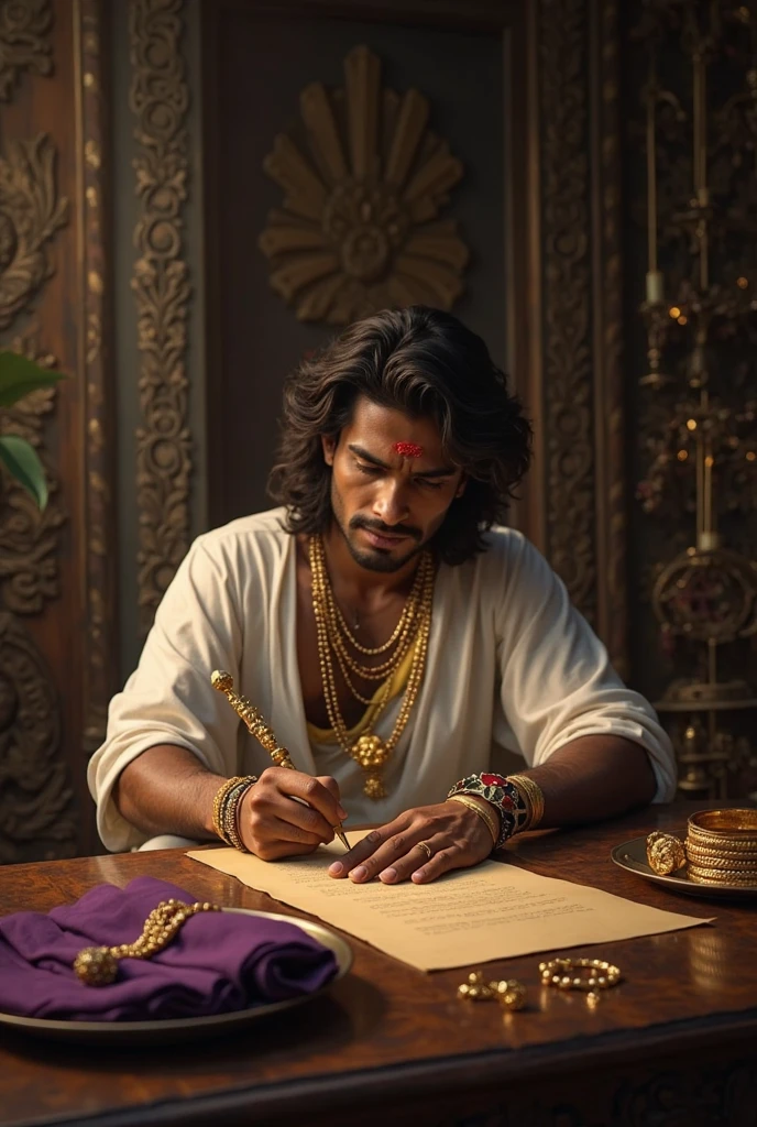 "King Hayam Wuruk writing a letter with a determined expression, seated at a large ornate desk in a dimly lit royal chamber, illuminated by the soft glow of oil lamps." Characters: Hayam Wuruk. Angle: Medium shot. Lighting: Dim, warm indoor lighting from oil lamps. --ar 16:9 --style raw