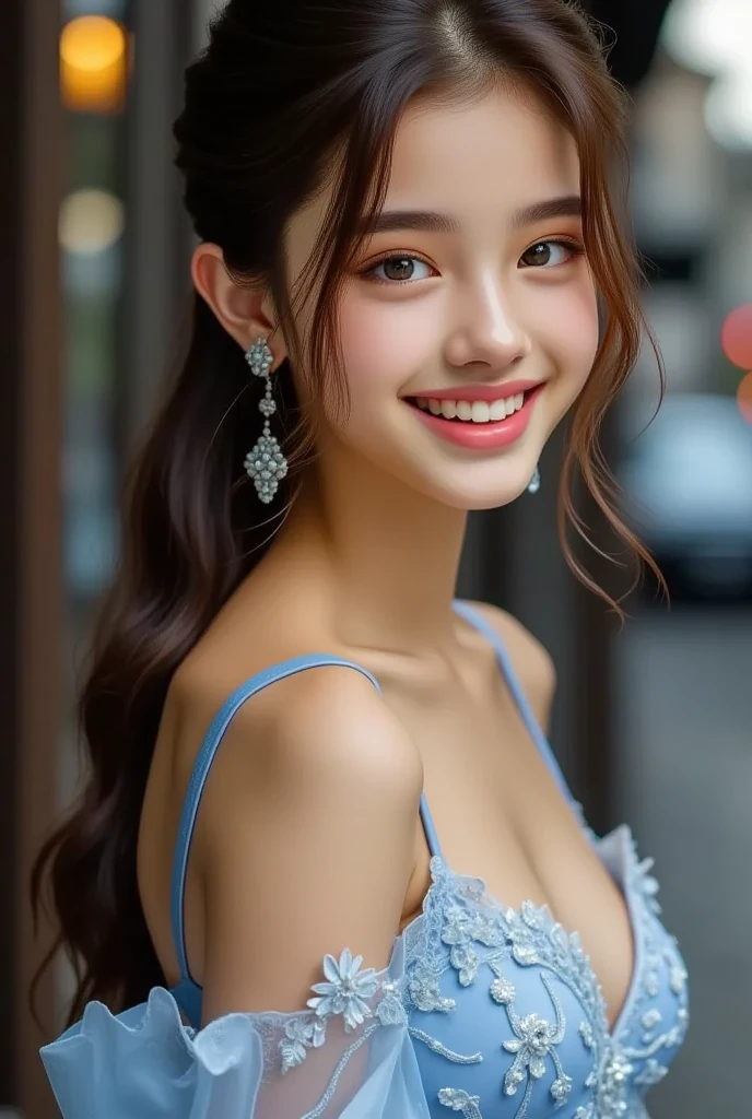 1 girl, wonderful face and eyes, (Ultra realistic), (off shoulder), (cleavage), beautiful breasts, (highest quality:1.4), RAW photo, (realistic, photo-realistic:1.37), professional photography, cinematic light, Smile, outdoors, Disneyland, Cinderella Castle, Disneyland ornament, 